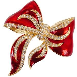 Vintage Signed Graziano Red Enamel Bow Brooch Gold Tone Rhinestone Christmas
